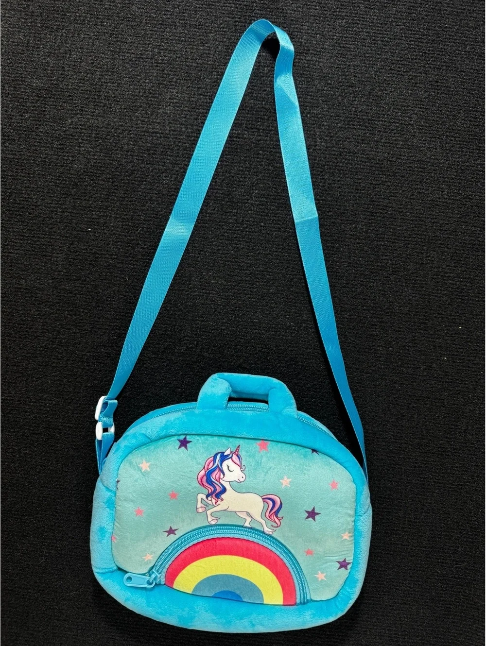 Plush Unicorn Rainbow Crossbody Shoulder Bag Kids Blue Soft Zip Purse EUC Cute